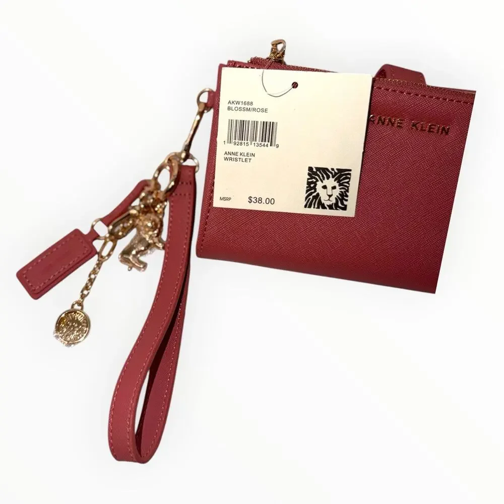 Anne Klein Pink Wallet Wristlet Bifold Phone Pocket Charm Zip Pocket NWT AKW1688